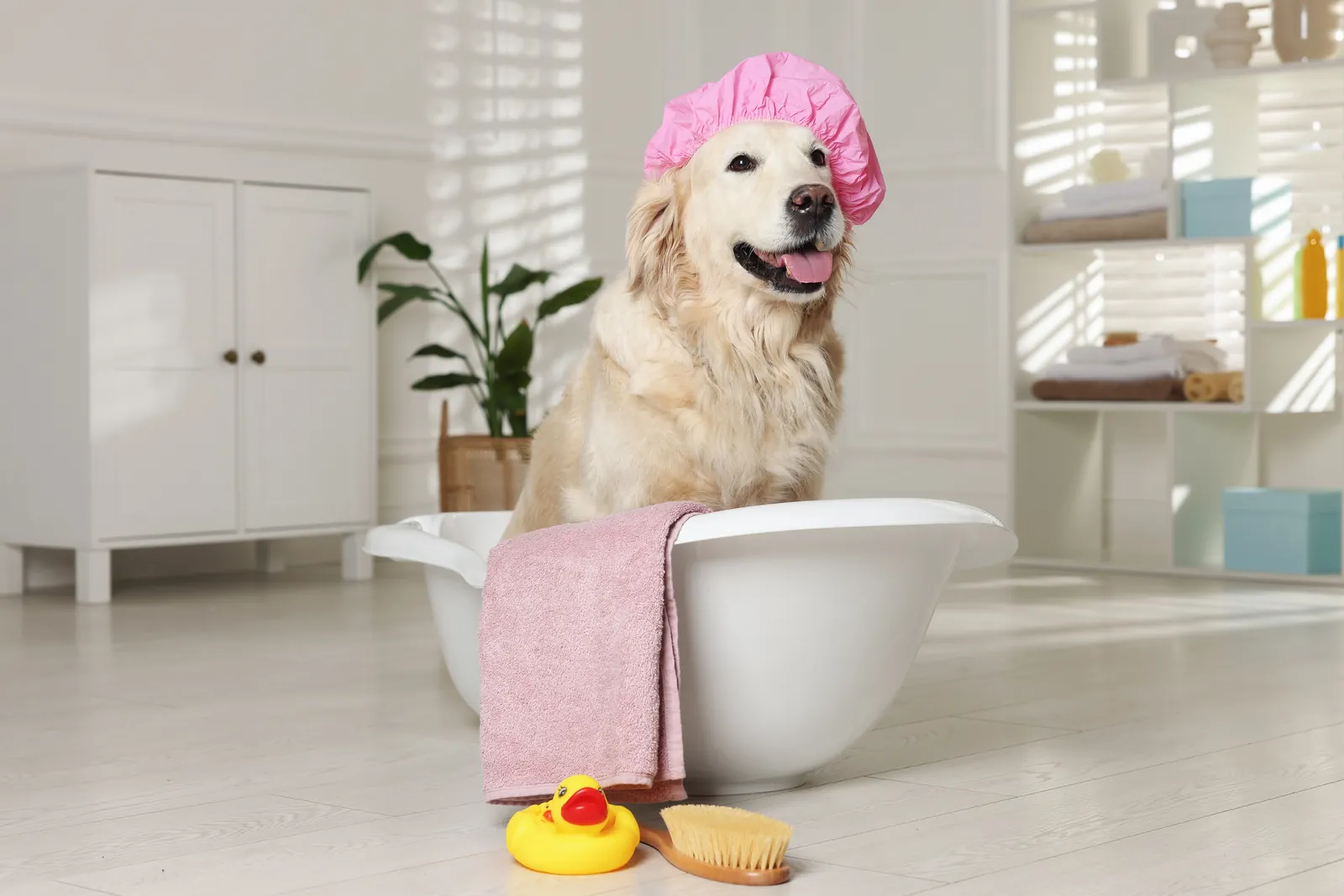 Golden retriever wearing a pink shower cap in a bathtub